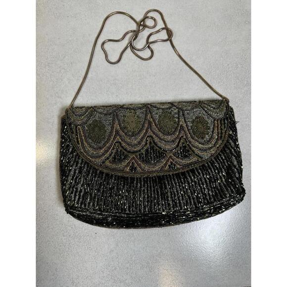 Handbags - 9.5x6.5 Beaded Evening Clutch Art Deco Style Gold Black Shoulder Bag